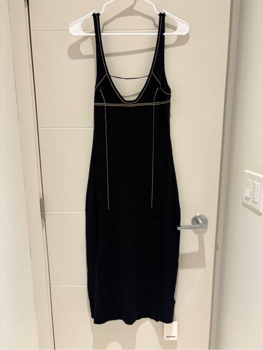 Jacquemus Black Sleeveless V-Neck Midi Dress with Contrast Stitching